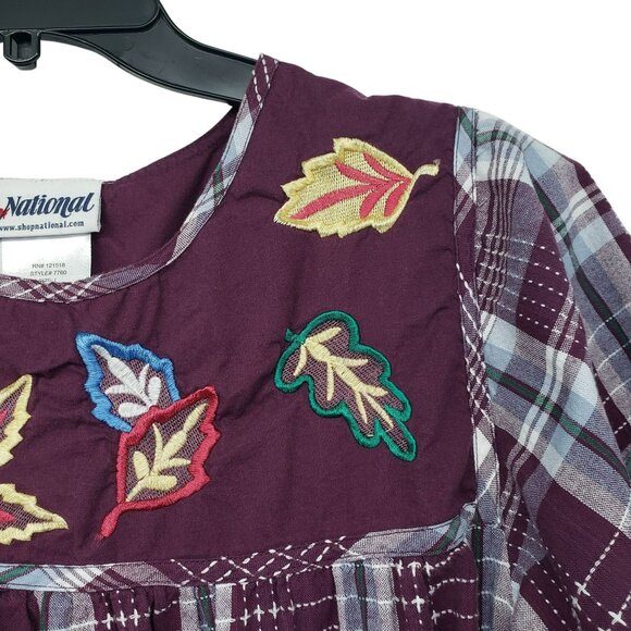 Vintage National Burgundy Plaid Embroidered Fall Leaf Dress Boho Teacher Outfit - Picture 5 of 16